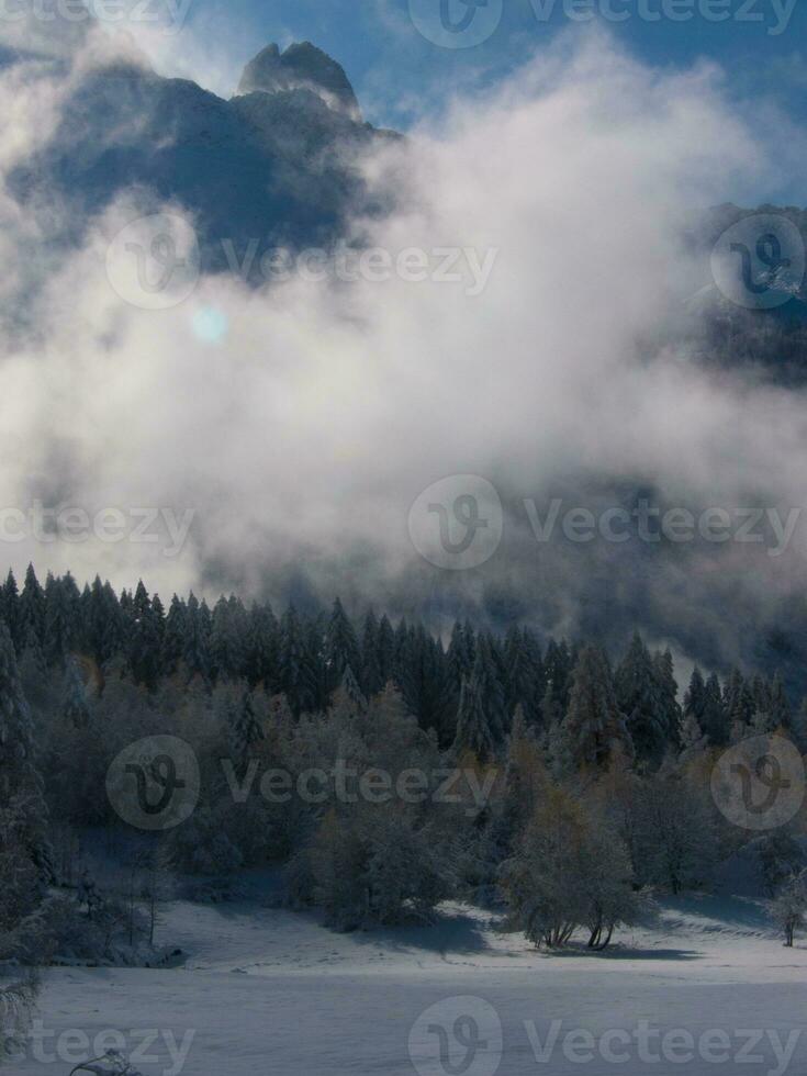 ein schneebedeckt Feld mit Bäume und ein Berg im das Hintergrund foto