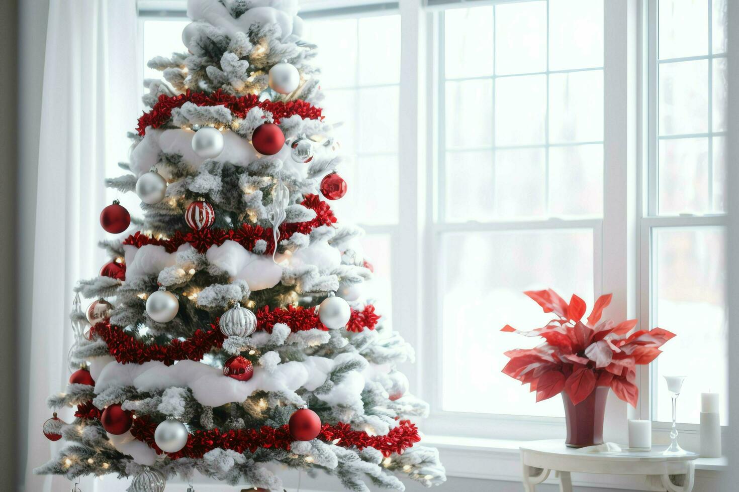 gemütlich Leben Zimmer mit schön Weihnachten Baum und rot Geschenke im modern Innere. Innere von Leben Zimmer dekoriert zum fröhlich Weihnachten mit Socken, Geschenk Kisten und Weihnachten Zubehör durch ai generiert foto