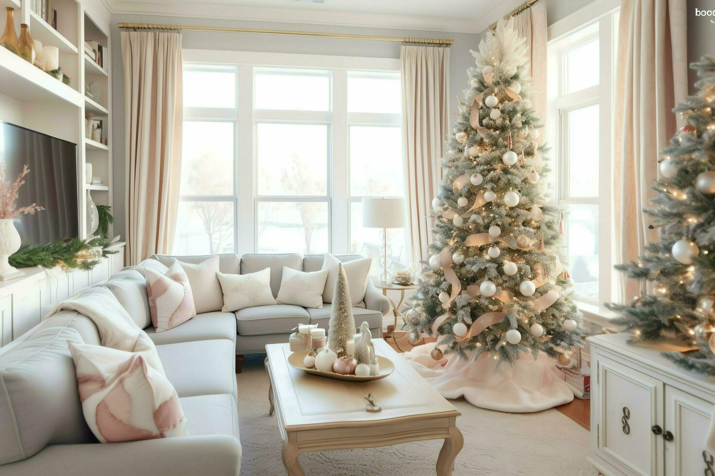 gemütlich Leben Zimmer mit schön Weihnachten Baum und rot Geschenke im modern Innere. Innere von Leben Zimmer dekoriert zum fröhlich Weihnachten mit Socken, Geschenk Kisten und Weihnachten Zubehör durch ai generiert foto