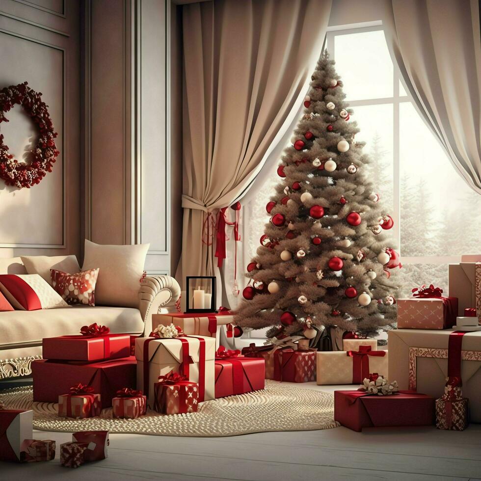 gemütlich Leben Zimmer mit schön Weihnachten Baum und rot Geschenke im modern Innere. Innere von Leben Zimmer dekoriert zum fröhlich Weihnachten mit Socken, Geschenk Kisten und Weihnachten Zubehör durch ai generiert foto