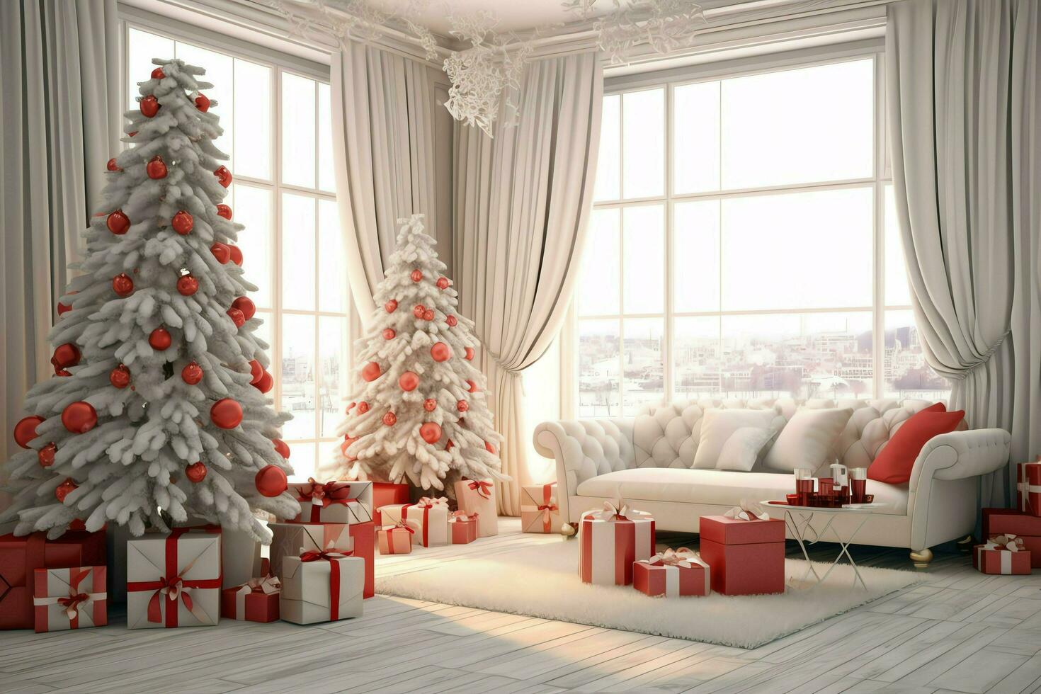 gemütlich Leben Zimmer mit schön Weihnachten Baum und rot Geschenke im modern Innere. Innere von Leben Zimmer dekoriert zum fröhlich Weihnachten mit Socken, Geschenk Kisten und Weihnachten Zubehör durch ai generiert foto