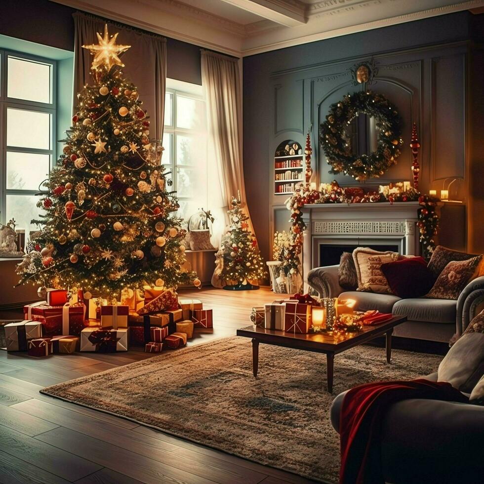 gemütlich Leben Zimmer mit schön Weihnachten Baum und rot Geschenke im modern Innere. Innere von Leben Zimmer dekoriert zum fröhlich Weihnachten mit Socken, Geschenk Kisten und Weihnachten Zubehör durch ai generiert foto