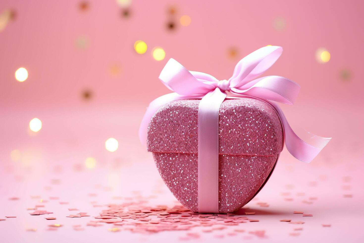 ai generiert Geschenk Box mit ein Rosa Band auf ein glitzernd Bokeh Hintergrund. foto