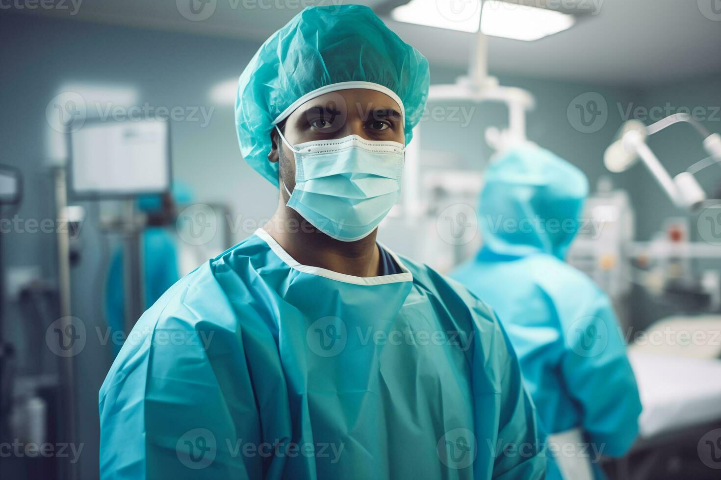 ai generiert Arzt im ein chirurgisch passen und Maske gegen das Hintergrund von das Betriebs Zimmer foto