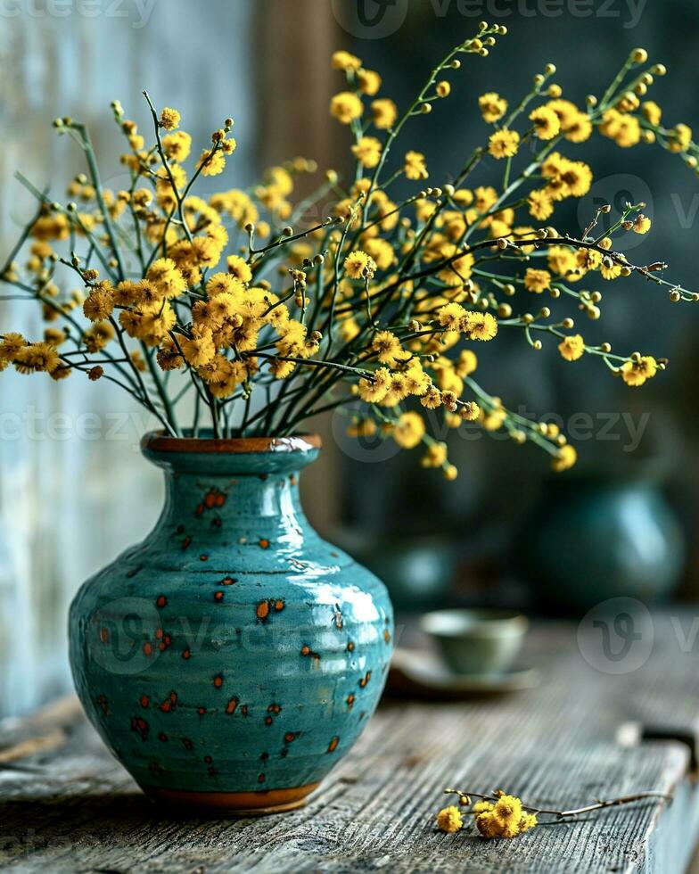 ai generiert auf ein hölzern Tabelle ist ein Blau Lehm Vase mit ein Strauß von Mimose Blumen foto