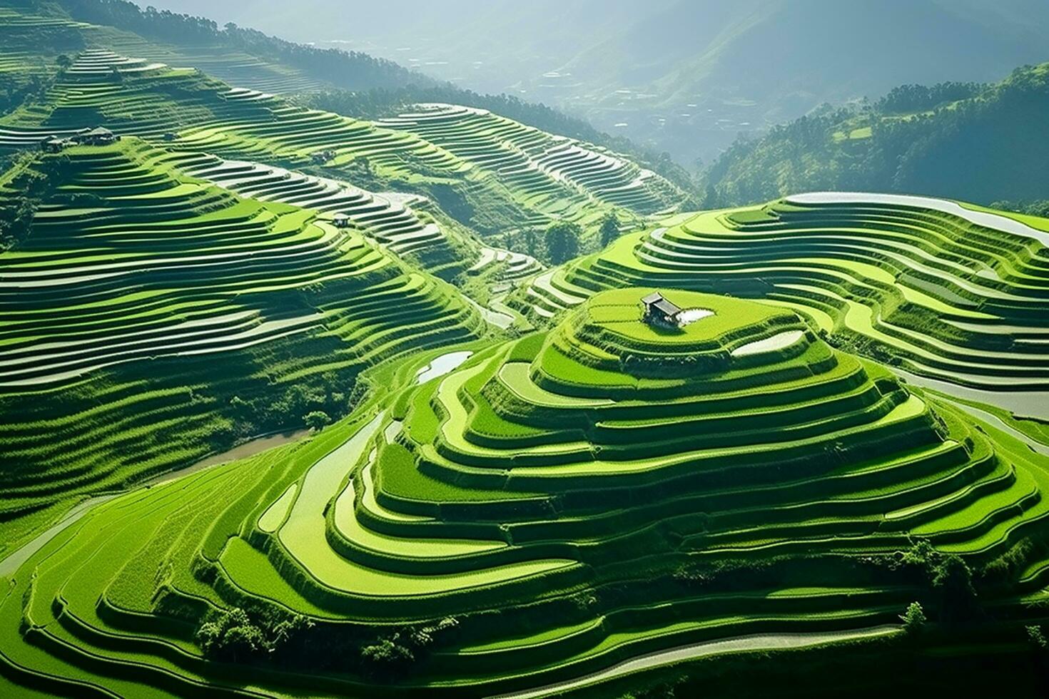 ai generiert oben Aussicht oder Antenne Schuss von frisch Grün und Gelb Reis Felder foto