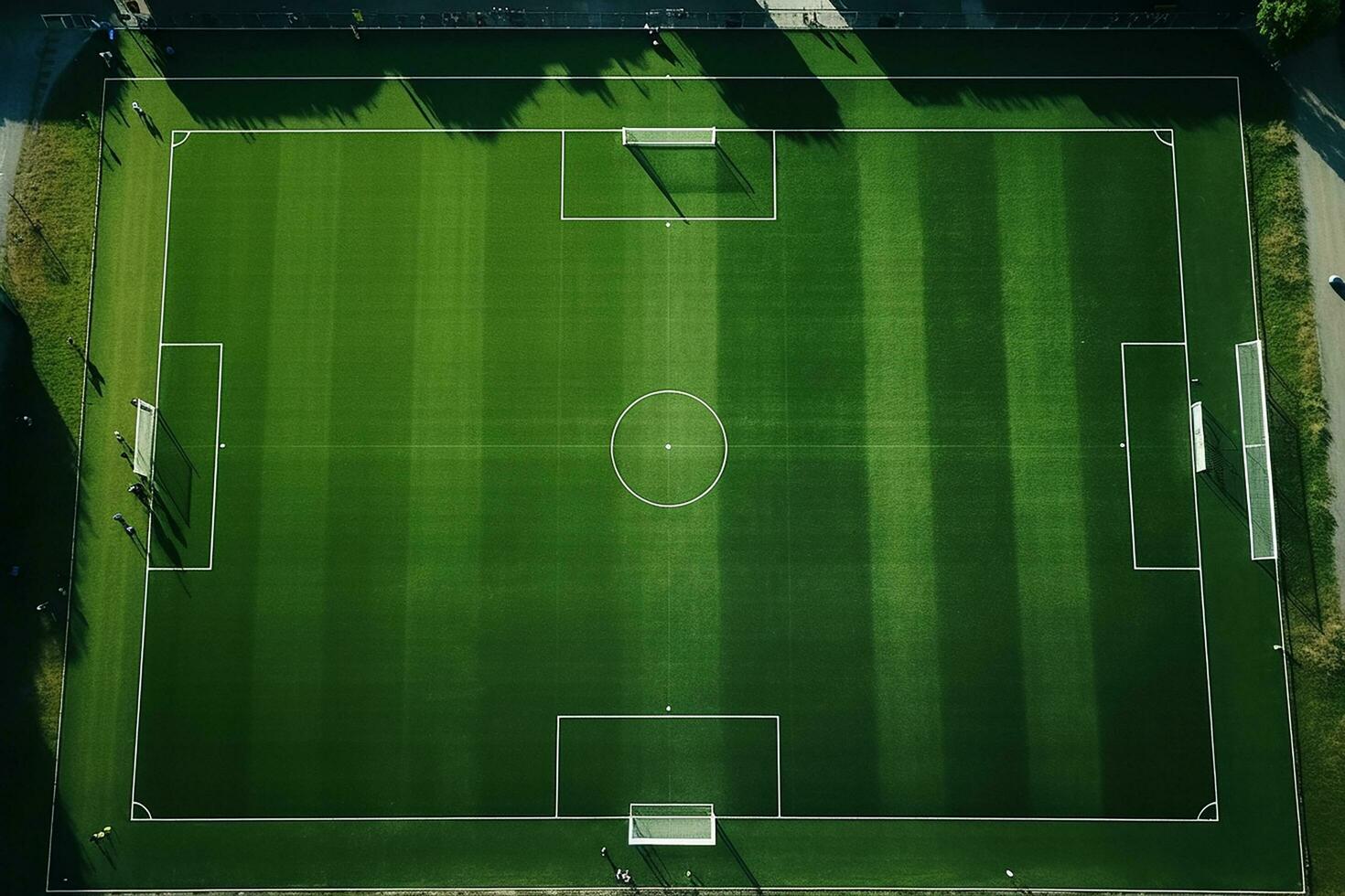 ai generiert Grün Fußball Feld oder Fußball Feld oben Aussicht mit realistisch Gras Textur und Mähen Muster, realistisch Fußball Tonhöhe foto