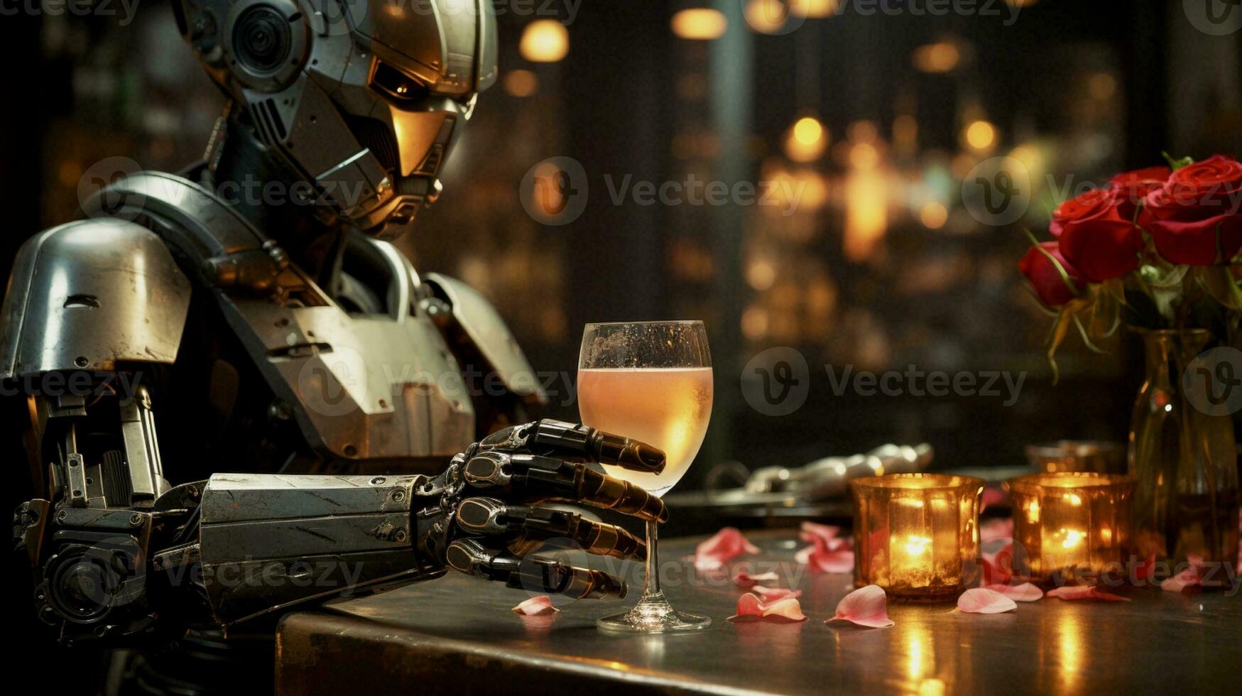 ai generiert Nahansicht von ein Roboter Sitzung beim ein Tabelle im ein Bar mit ein Glas von Cocktail auf ein Datum, selektiv Fokus foto