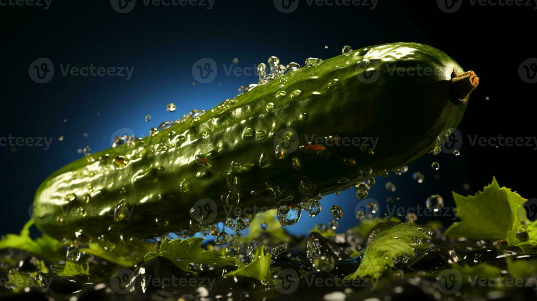 ai generiert Nahansicht von ein gesalzen Grün Gurke fliegend und planschen mit Wasser foto