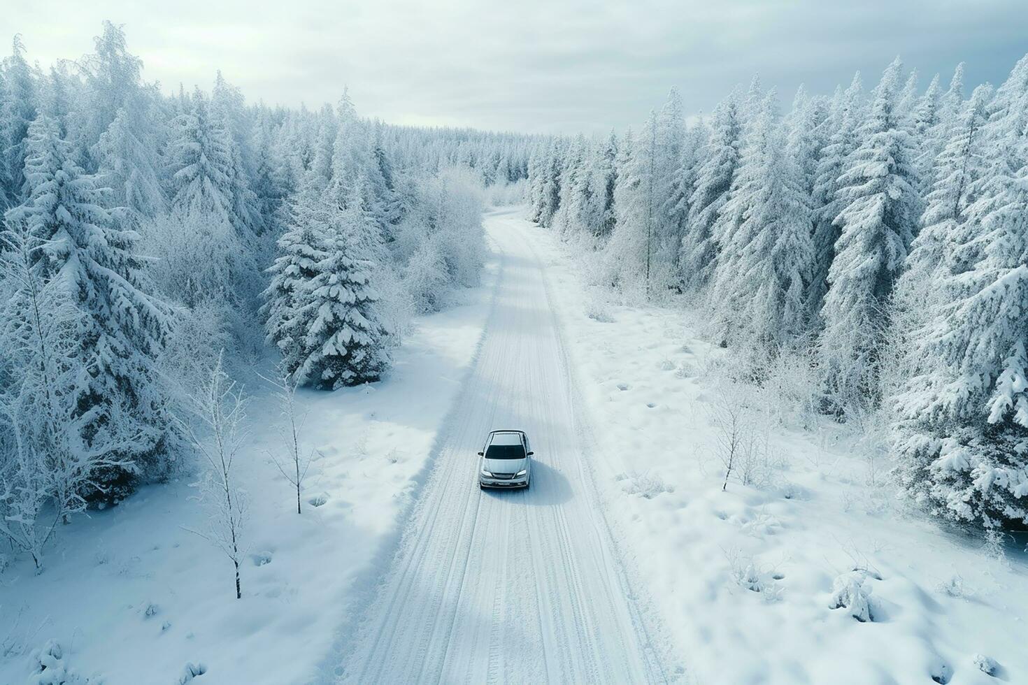 ai generiert ein Auto auf windig Straße im Schnee bedeckt Wald, oben Nieder Antenne Sicht. foto