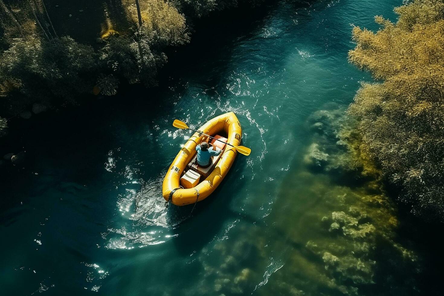 ai generiert Antenne Aussicht von Berg Fluss Menschen Rafting im Bach. extrem Vitalität foto