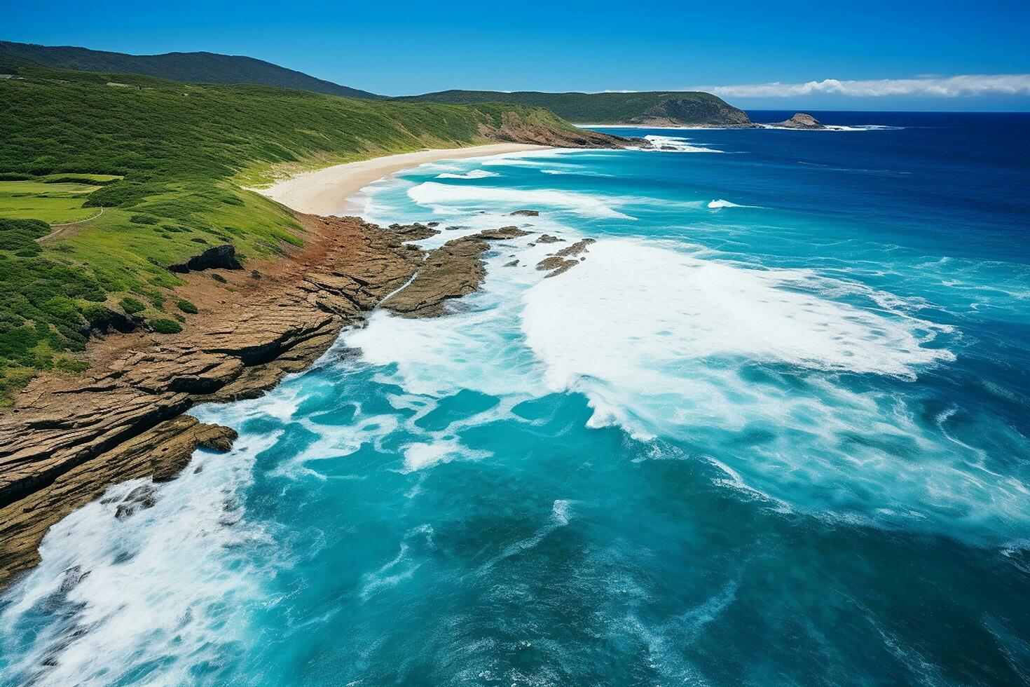 ai generiert oben Aussicht Antenne Bild von Drohne von ein atemberaubend schön Meer Landschaft Strand mit Türkis Wasser mit Kopieren Raum foto