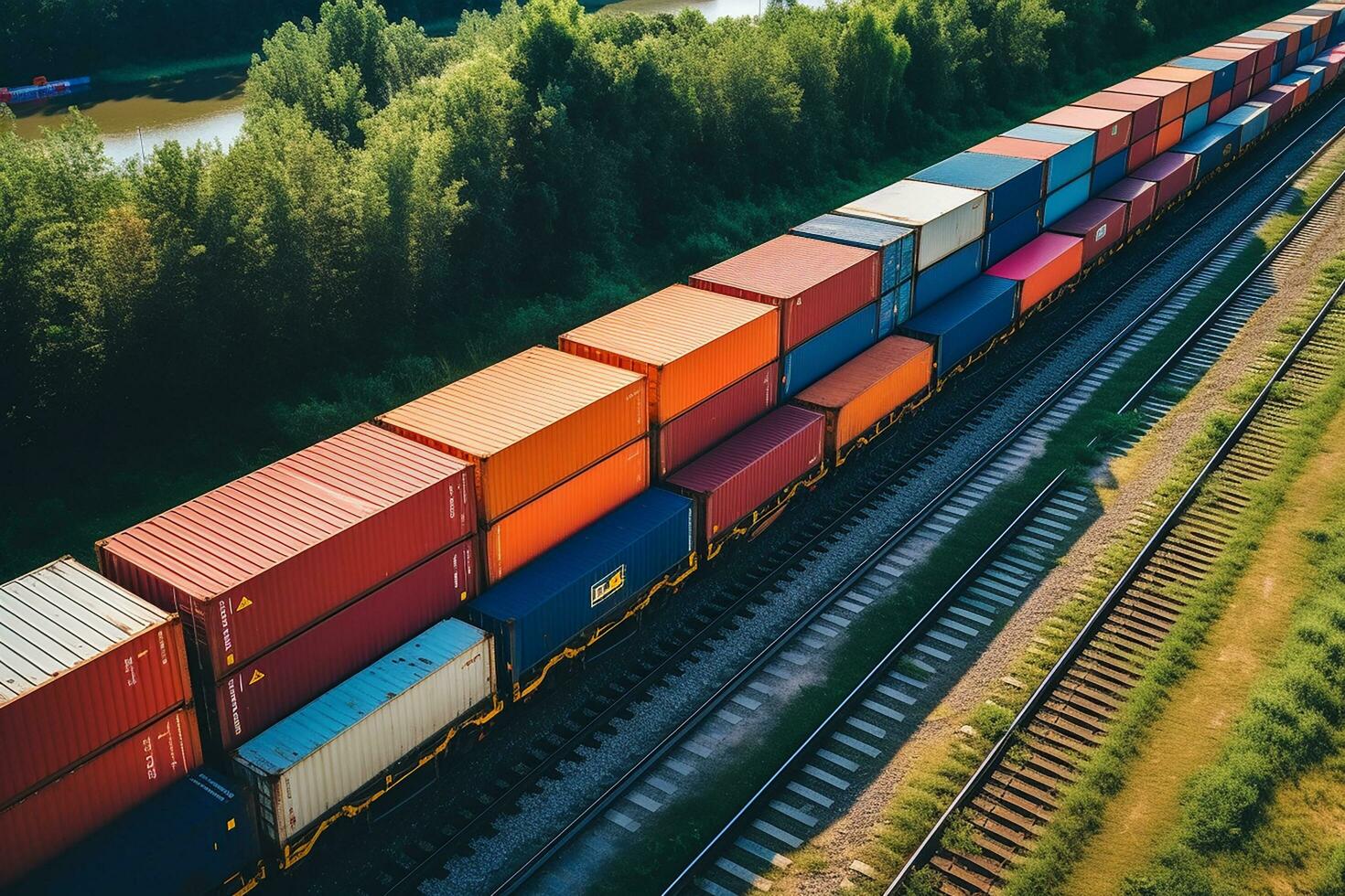 ai generiert Container Schiff im importieren Export und Geschäft Logistik. durch Kran ,handeln Hafen , Versand. Ladung zu Hafen. Antenne Aussicht foto