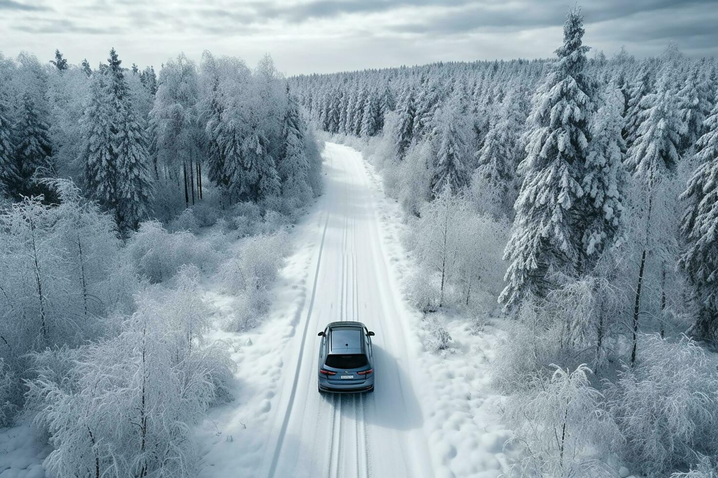 ai generiert ein Auto auf windig Straße im Schnee bedeckt Wald, oben Nieder Antenne Sicht. foto