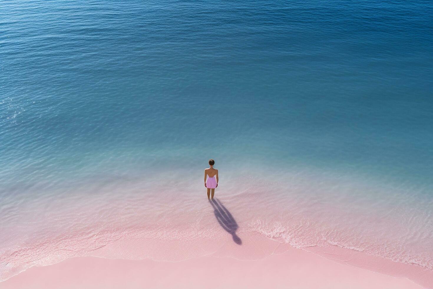 ai generiert Antenne Aussicht von das Frau im Rosa Strand und Blau Meer foto