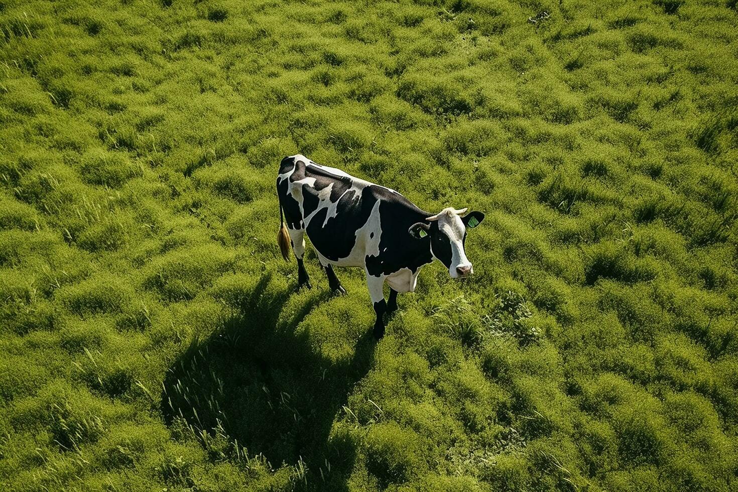 ai generiert Antenne Aussicht von Kuh auf Grün Wiese im Sommer. foto