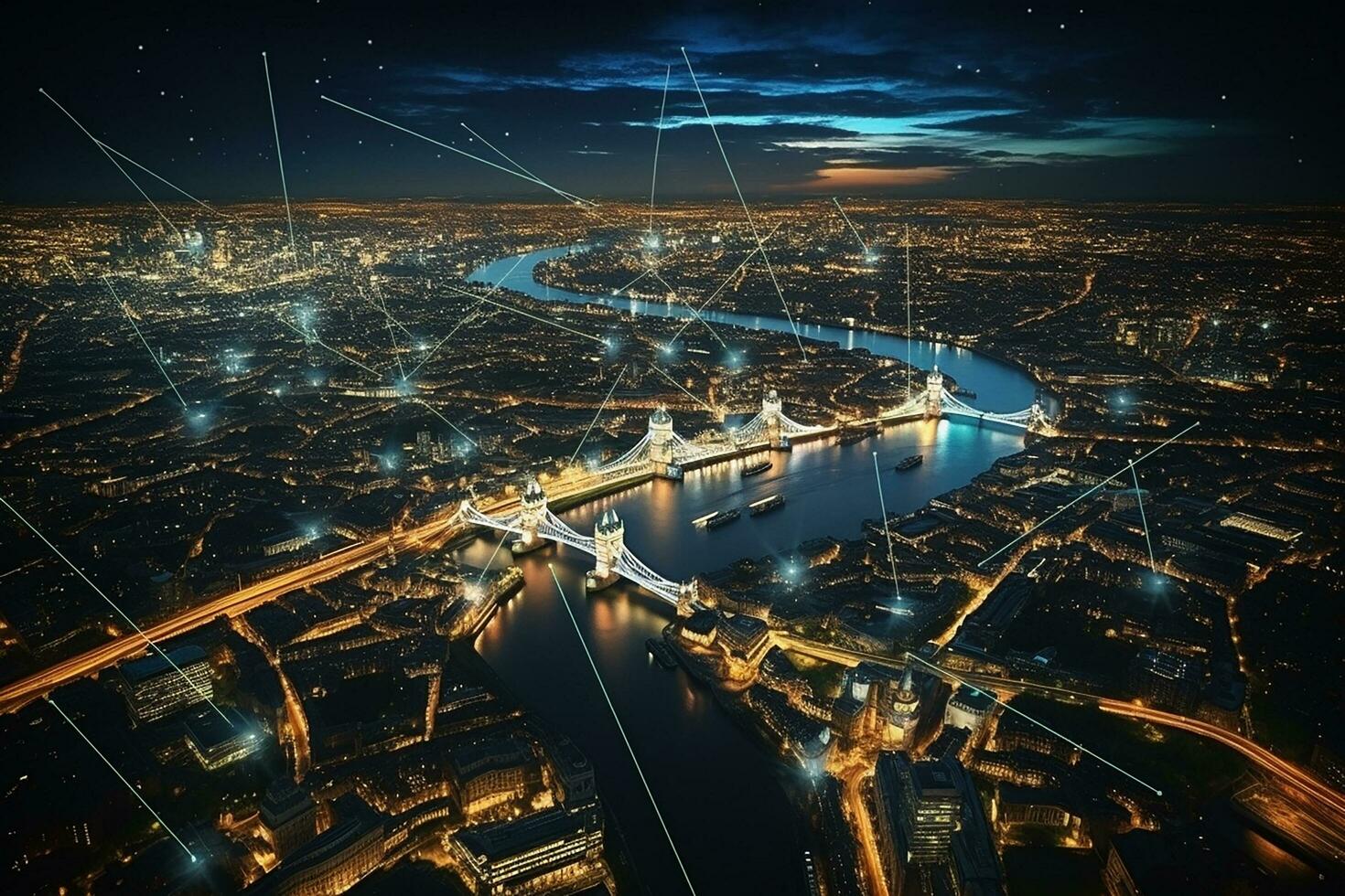 ai generiert beleuchtet Hafen Stadt, Dorf beim Nacht. Antenne Aussicht auf Fluss dunkel Himmel. lebendig Nacht Leben. foto