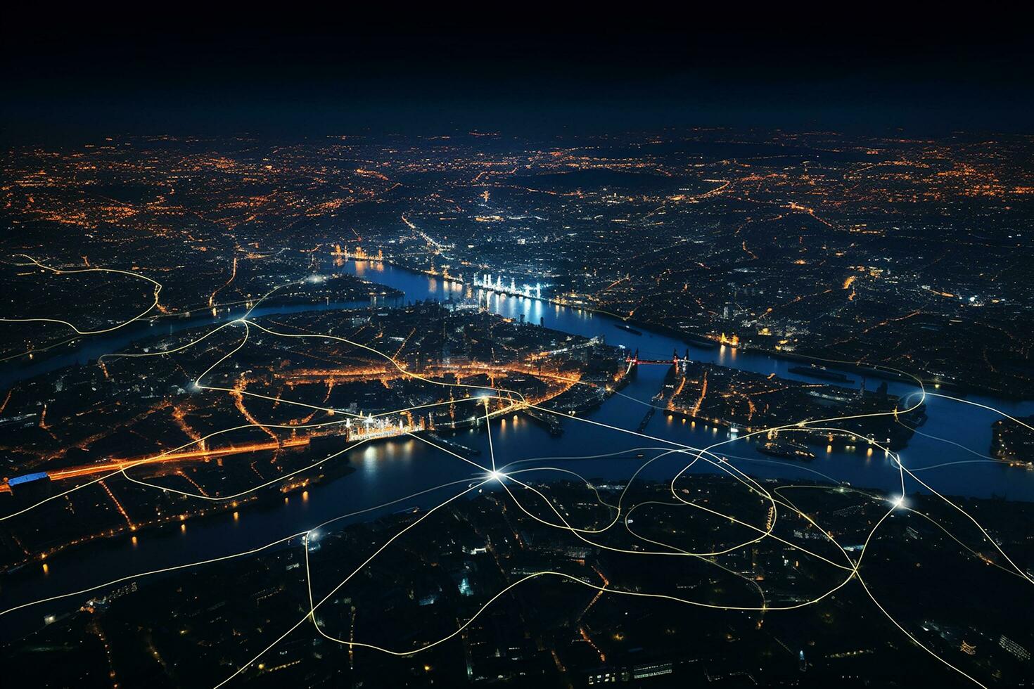 ai generiert beleuchtet Hafen Stadt, Dorf beim Nacht. Antenne Aussicht auf Fluss dunkel Himmel. lebendig Nacht Leben. foto