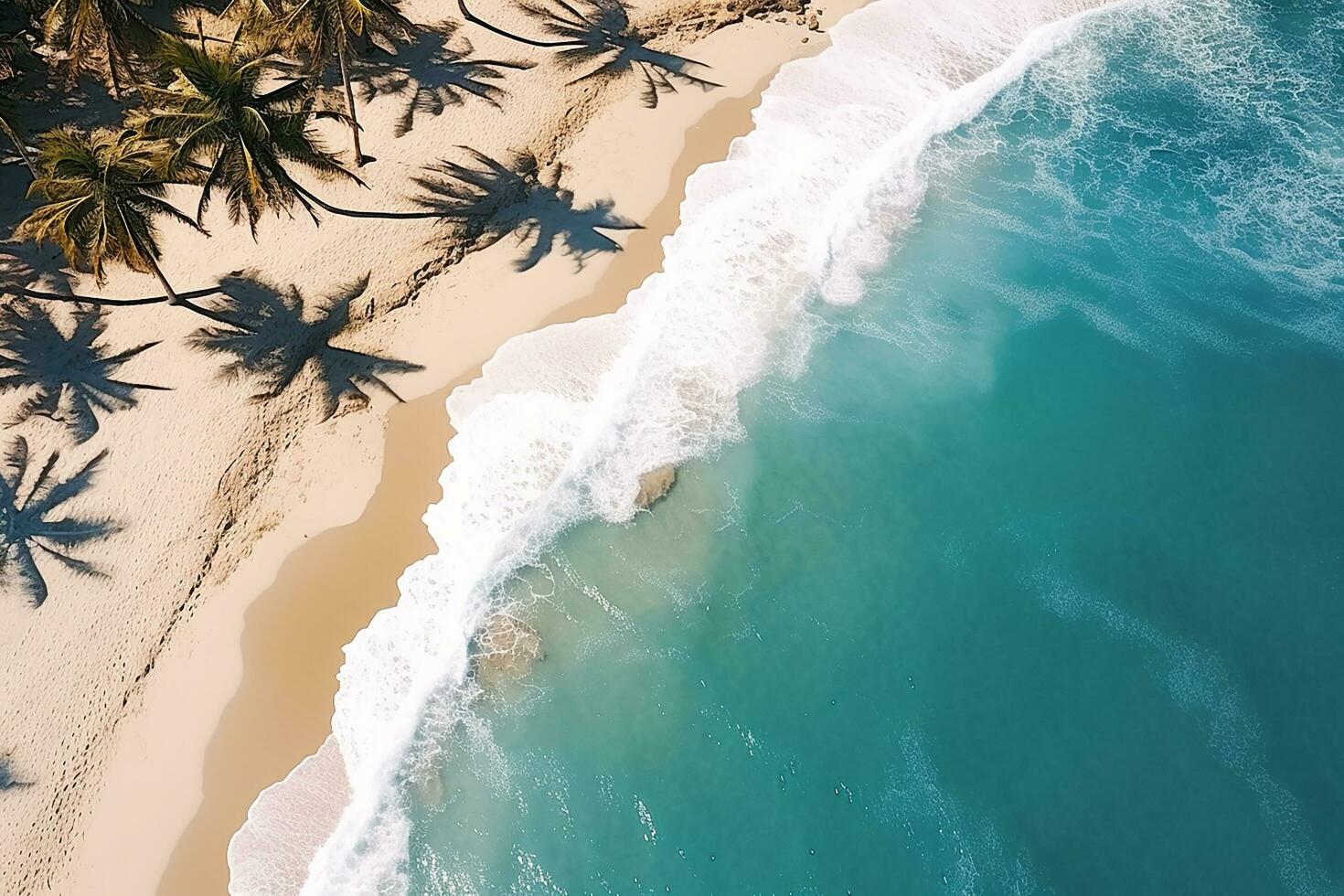 ai generiert oben Aussicht Antenne Bild von Drohne von ein atemberaubend schön Meer Landschaft Strand mit Türkis Wasser mit Kopieren Raum foto