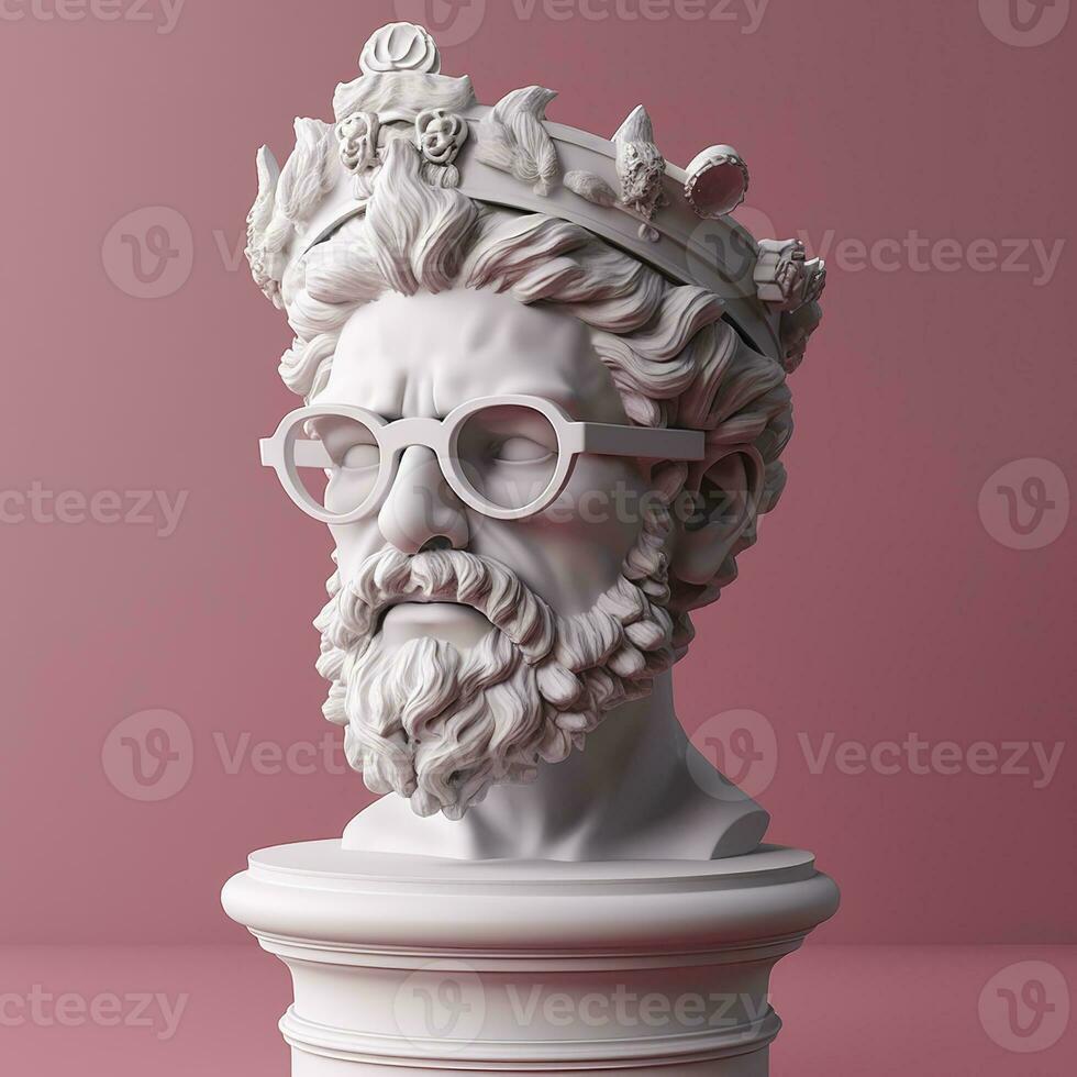 ai generiert das Kopf von ein Weiß mythologisch Statue mit modisch Rosa Brille auf seine Augen, Rahmen im Profil. ai generativ foto