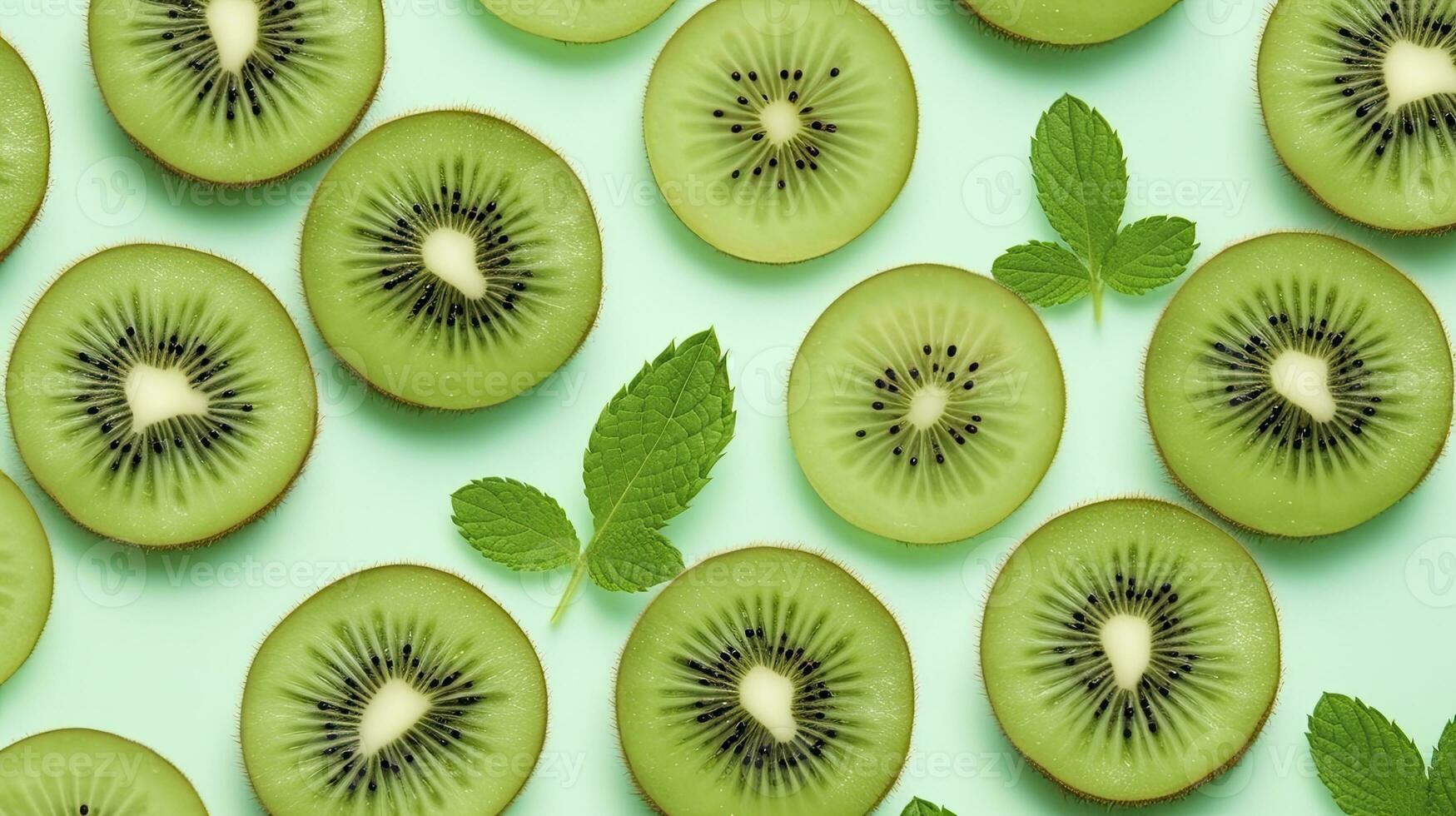 ai generiert Scheiben von Kiwi Obst und Grün Minze Blätter auf ein Licht Pastell- Blau Hintergrund. ai generiert foto