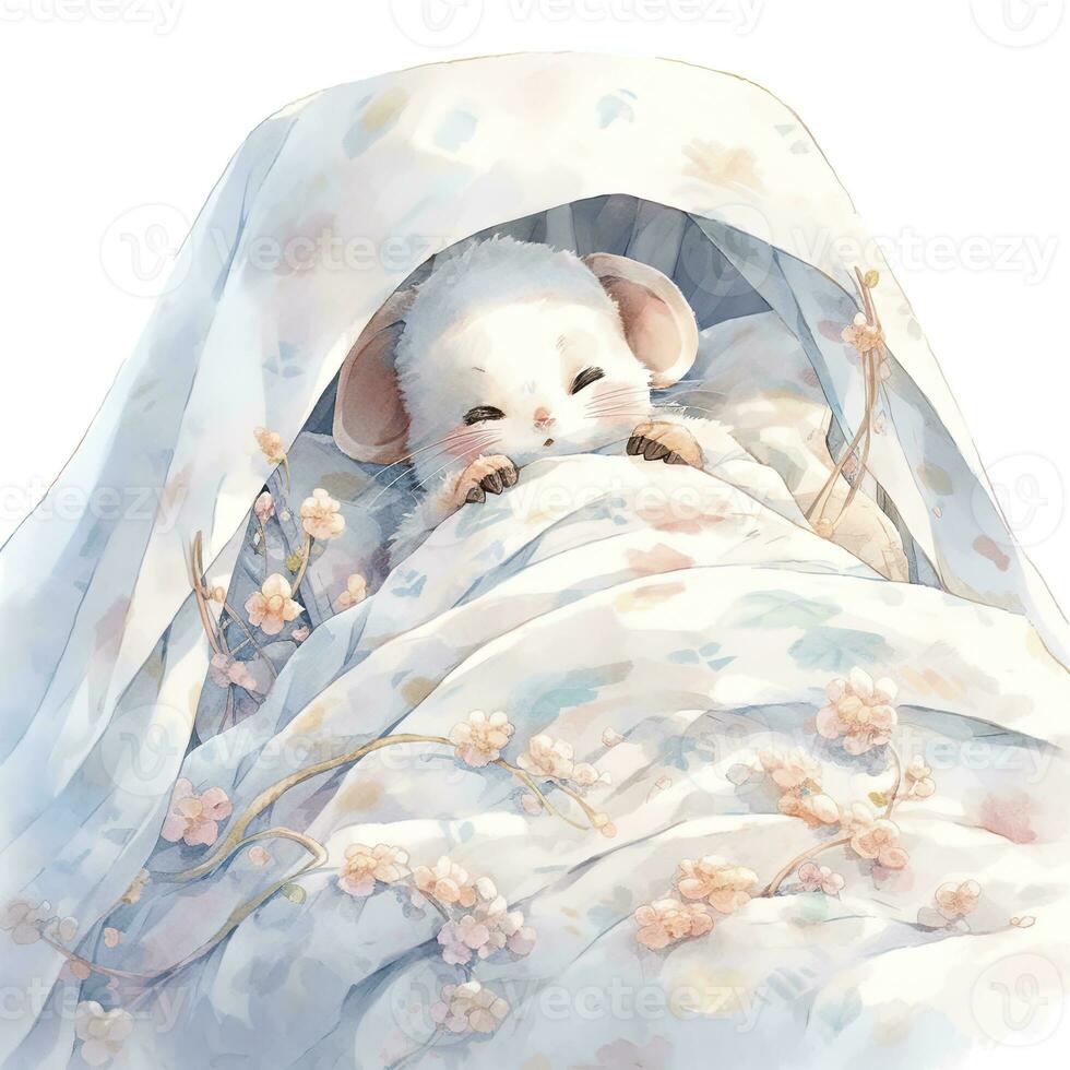 ai generiert ein schläfrig Baby Maus im ein Bettwäsche, Aquarell Illustration. ai generiert foto