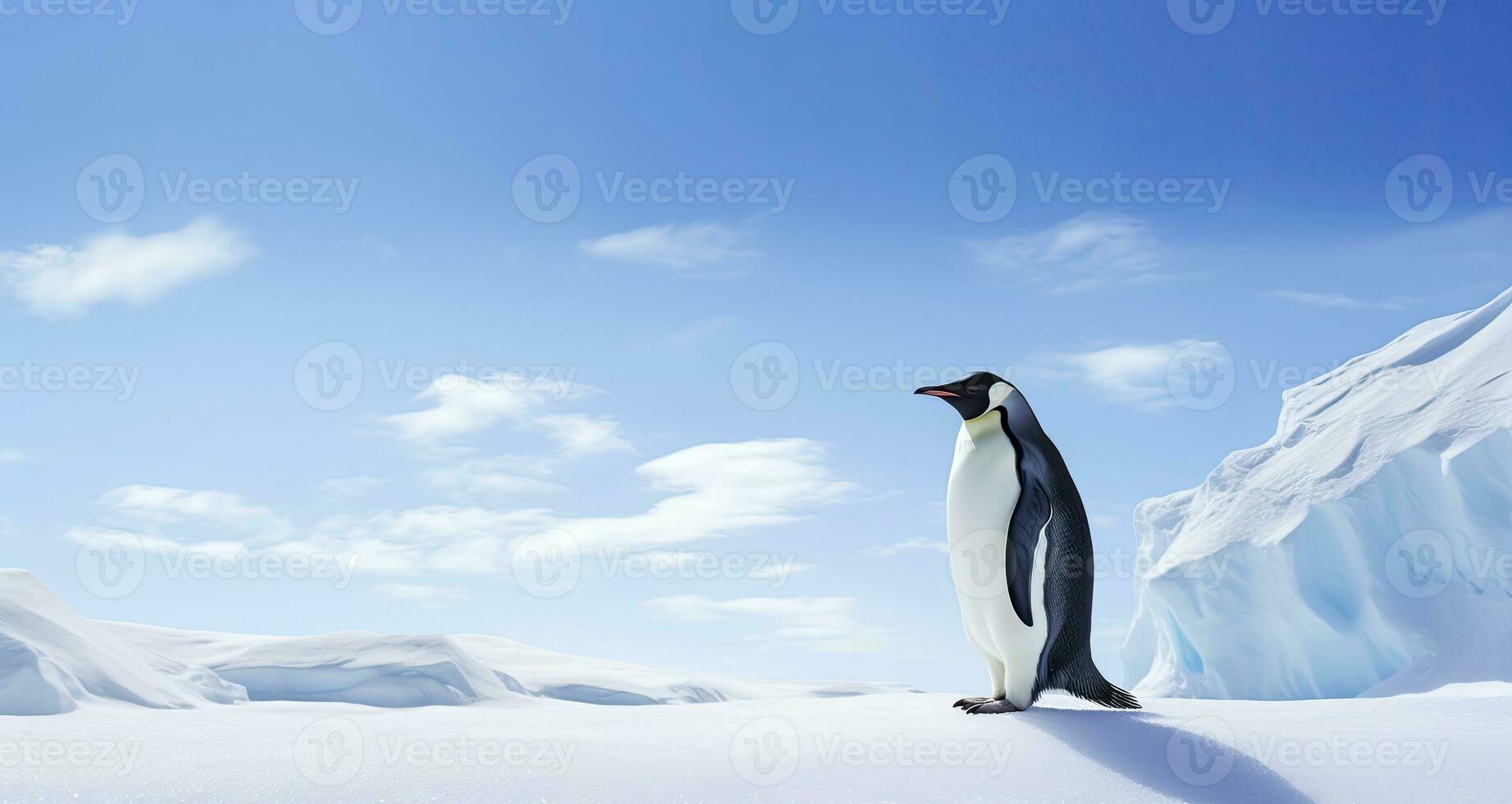 ai generiert Pinguin Stehen im Antarktis suchen in das Blau Himmel. ai generiert foto