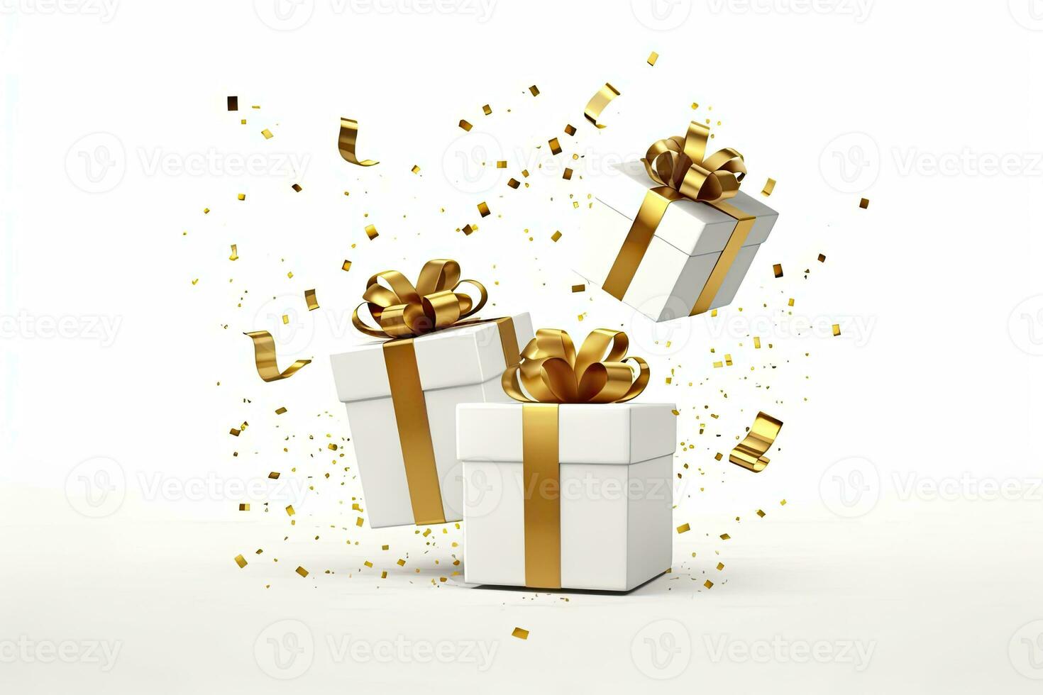 ai generiert fröhlich Neu Jahr und fröhlich Weihnachten 2024 Weiß Geschenk Kisten mit golden Bögen und Gold Pailletten Konfetti auf Weiß Hintergrund. ai generiert foto