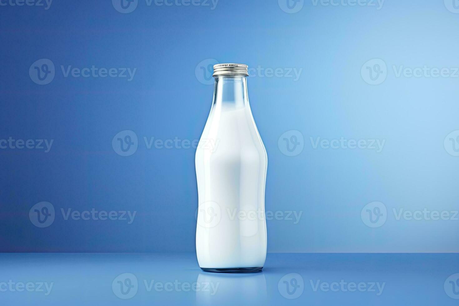 ai generiert ein Glas Flasche mit voll Milch auf Blau Hintergrund. ai generiert foto