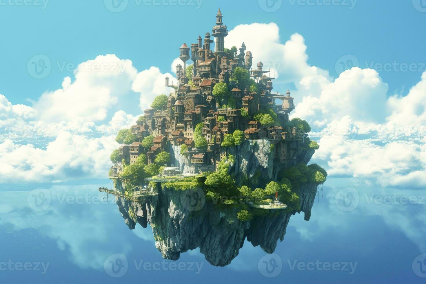 ai generiert uralt paradiesisch schwebend Insel im das Himmel mit ein Schloss, beschwingt, Fantasypunk, ai generativ foto