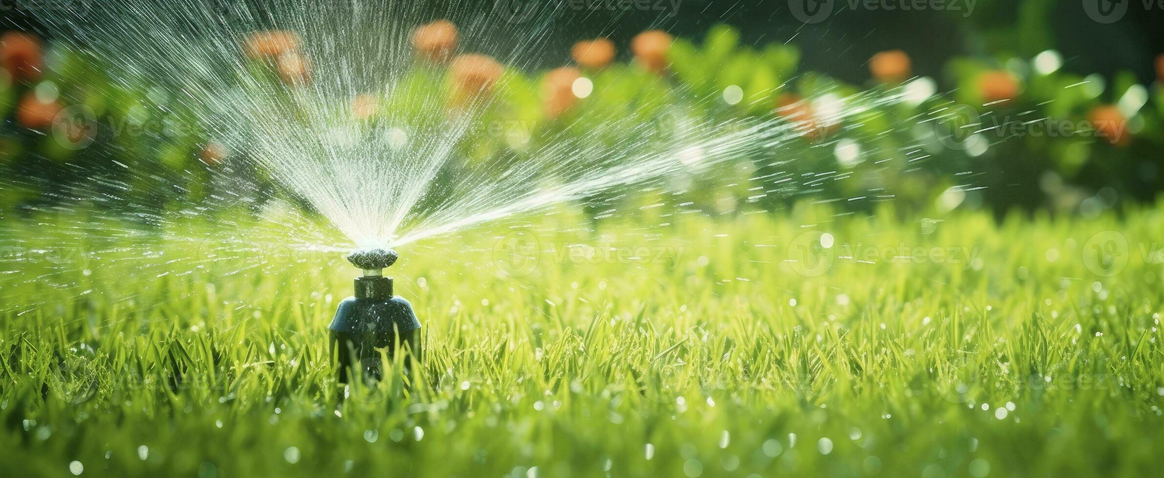 ai generiert automatisch Garten Rasen Sprinkler im Aktion Bewässerung Gras. ai generiert foto