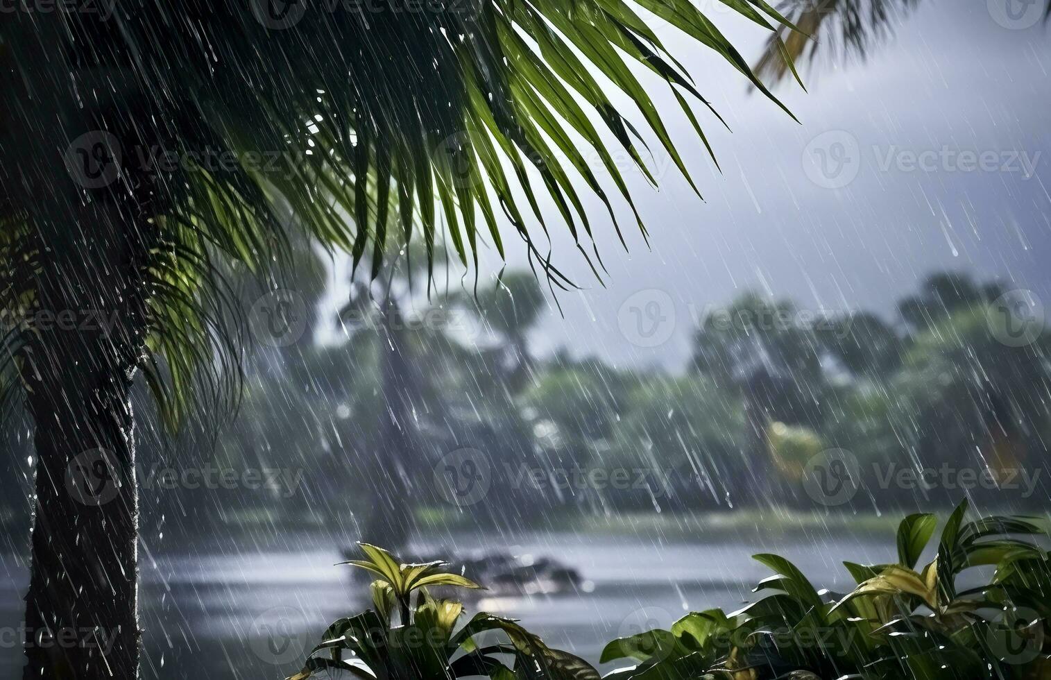 ai generiert Regen im das Tropen während das niedrig Jahreszeit oder Monsun Jahreszeit. Regentropfen im ein Garten. generativ ai foto