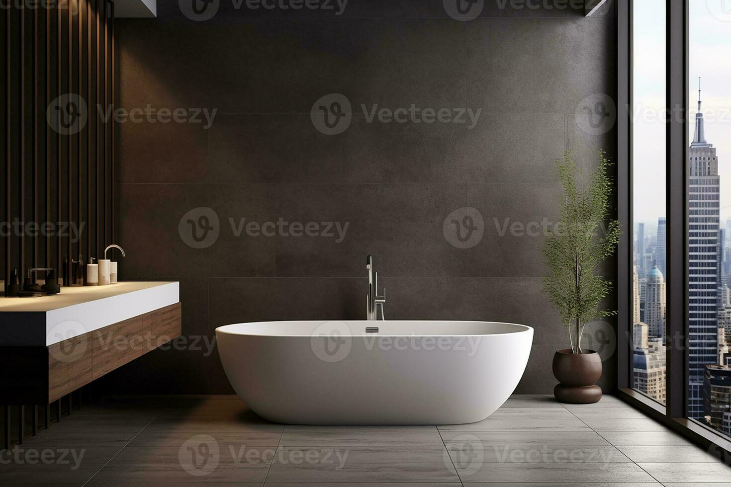 ai generiert 3d gerendert minimal Stil schwarz Thema modern Badezimmer Innere Design mit Badewanne foto