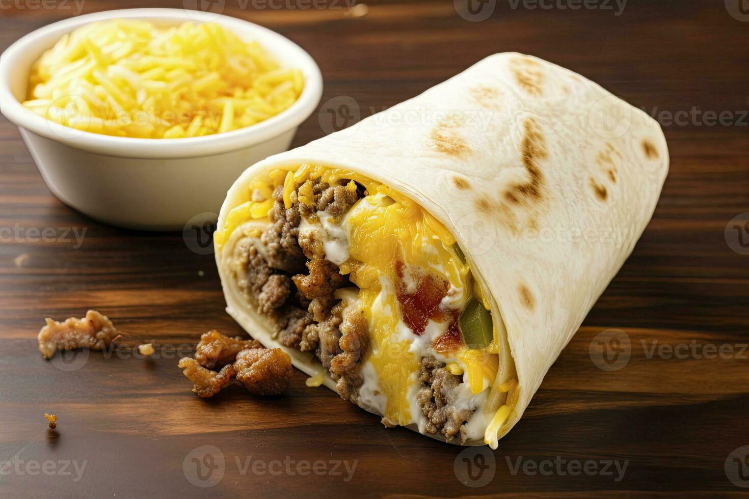 ai generiert Frühstück Burrito mit Wurst, Eier, hashbraun und Käse. ai generiert foto