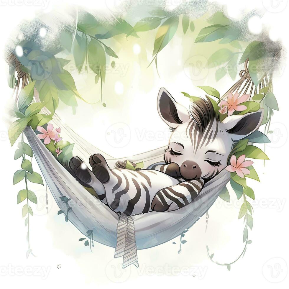 ai generiert ein schläfrig Baby Zebra im ein Hängematte. Aquarell Illustrationen. ai generiert foto