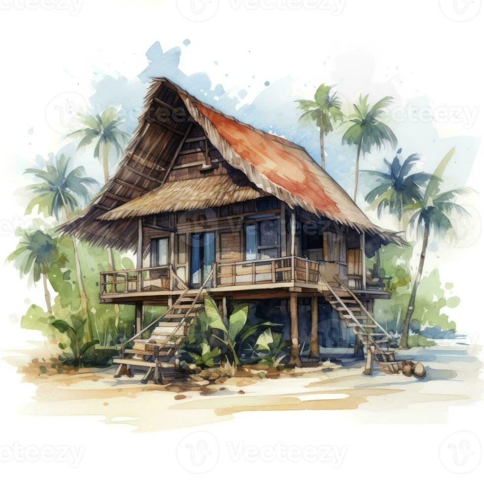 ai generiert ein aquarelliert hell heiter Bild von ein traditionell Bahay kubo. ai generiert foto