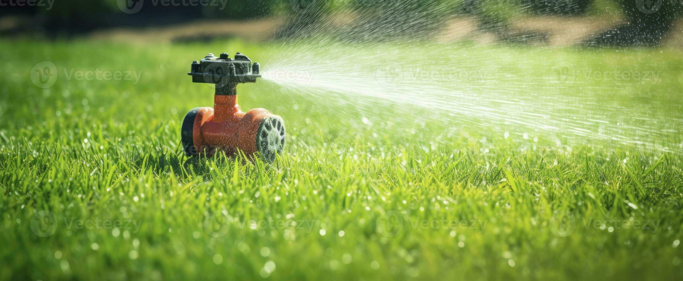 ai generiert automatisch Garten Rasen Sprinkler im Aktion Bewässerung Gras. ai generiert foto