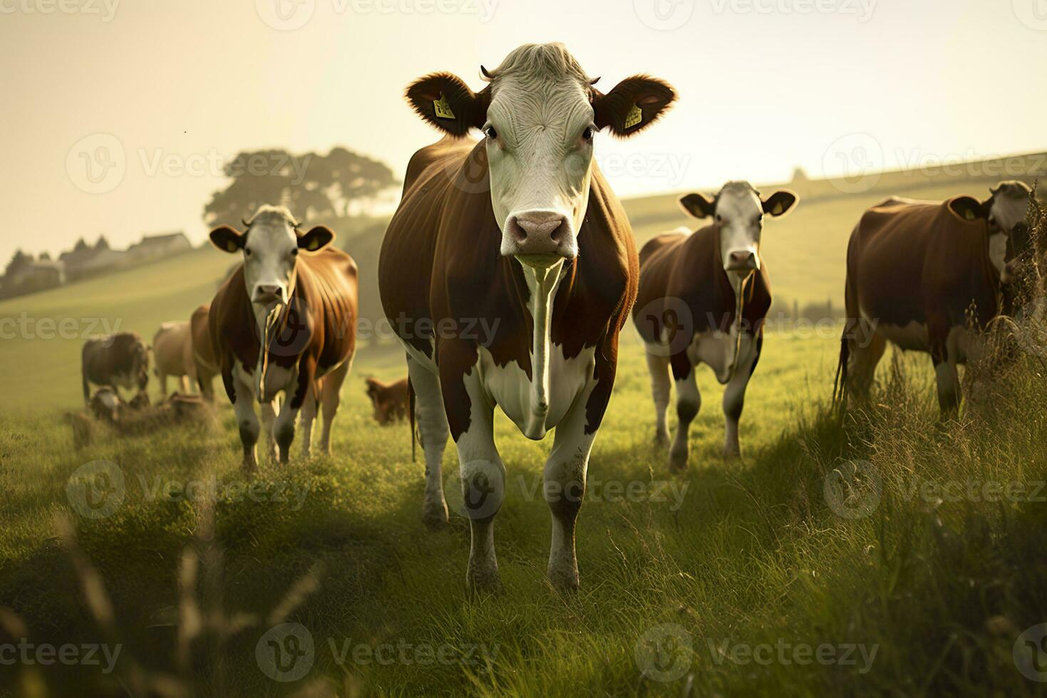 ai generiert Gruppe von Kühe Stehen im ein grasig Feld. ai generiert foto