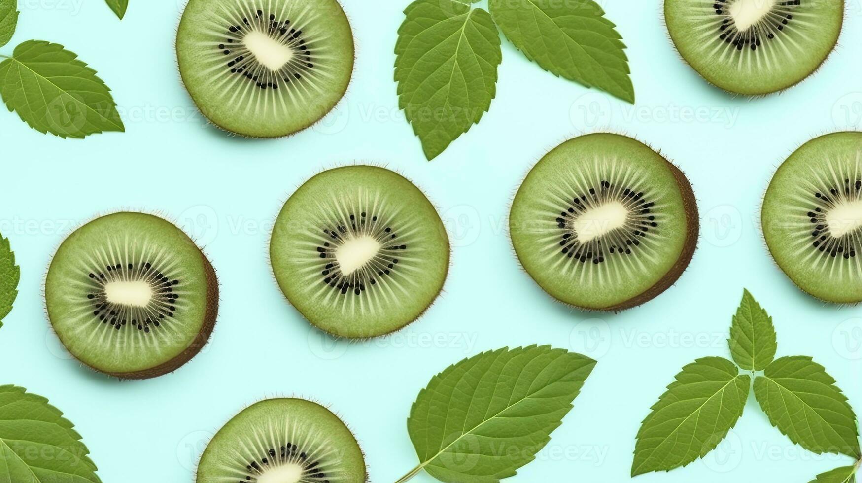 ai generiert Scheiben von Kiwi Obst und Grün Minze Blätter auf ein Licht Pastell- Blau Hintergrund. ai generiert foto