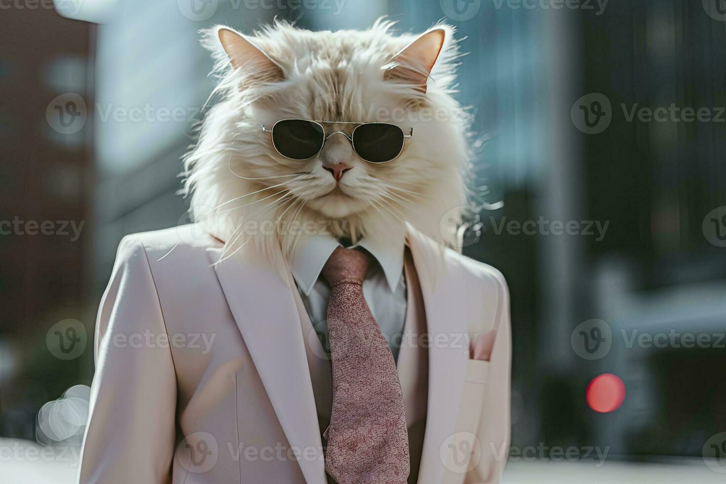 ai generiert ein Katze ist tragen Sonnenbrille, passen und Stehen auf Straße. ai generiert foto