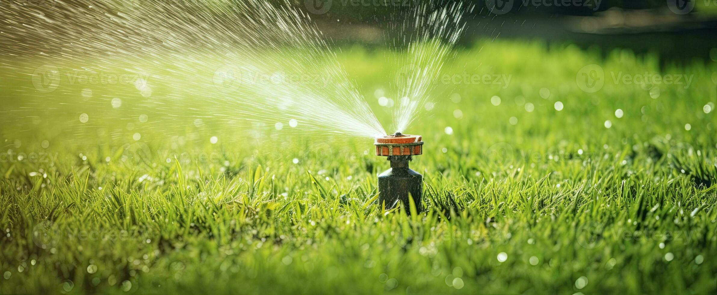 ai generiert automatisch Garten Rasen Sprinkler im Aktion Bewässerung Gras. ai generiert foto