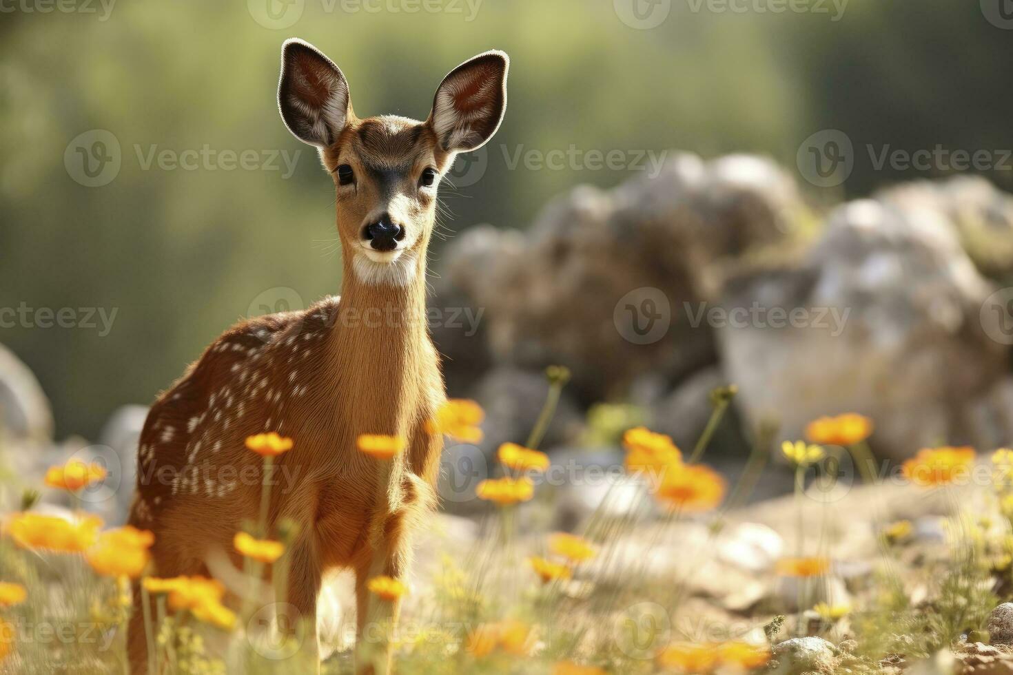 ai generiert weiblich Rogen Hirsch mit schön Blume. ai generiert foto