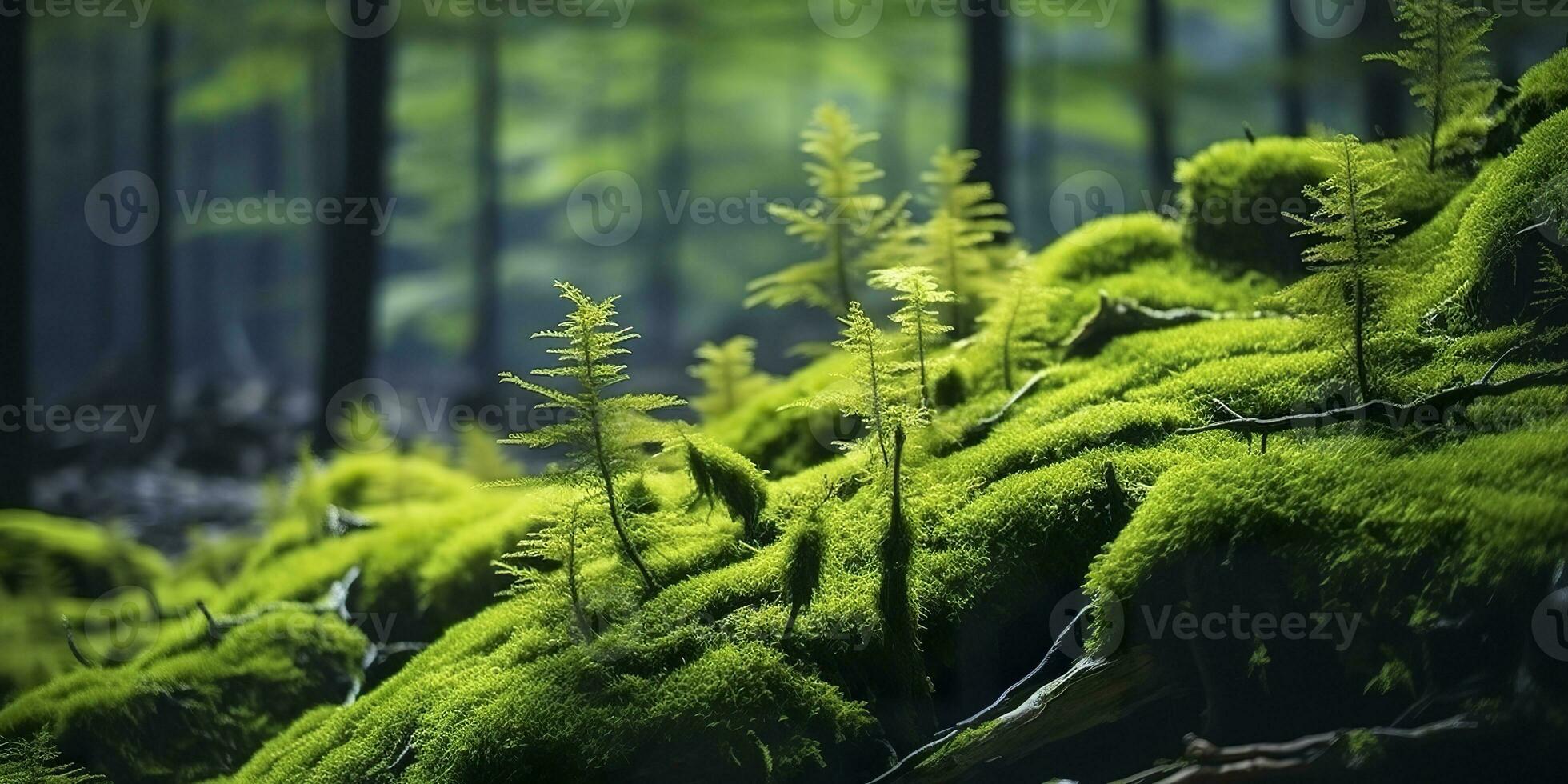 ai generiert Grün Moos Nahaufnahme, mit ein Hintergrund von Wald. Wald im das National Park. ai generiert foto