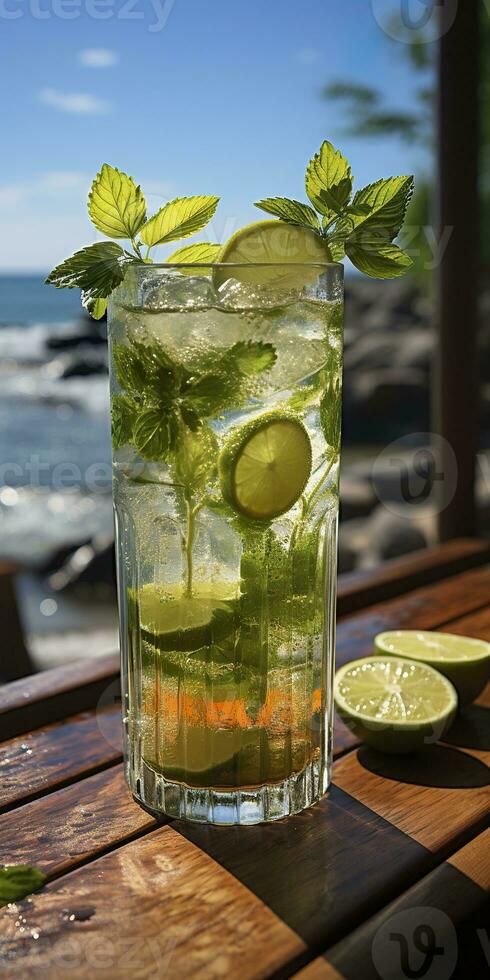 ai generiert atemberaubend Foto von Cocktail Mojito, ein sonnig Sommer- Strand im das Hintergrund. generativ ai