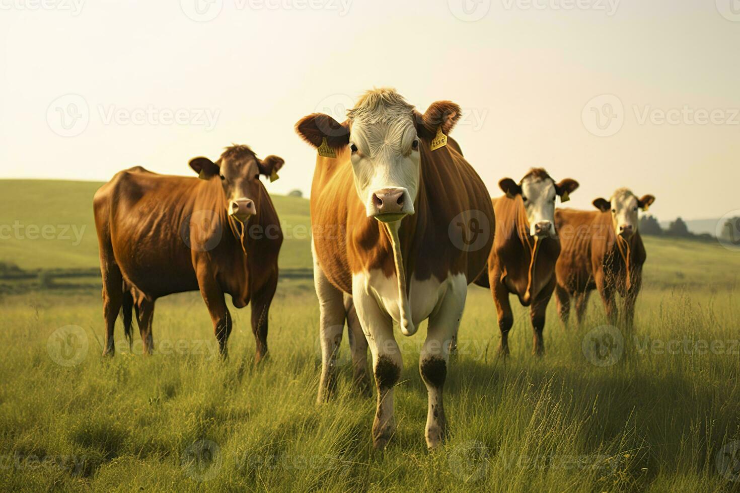 ai generiert Gruppe von Kühe Stehen im ein grasig Feld. ai generiert foto