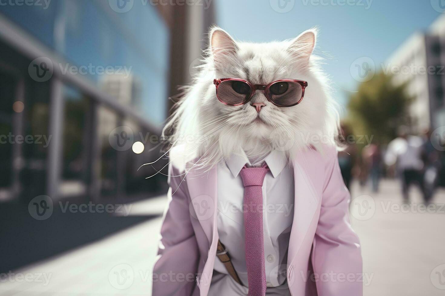 ai generiert ein Katze ist tragen Sonnenbrille, passen und Stehen auf Straße. ai generiert foto