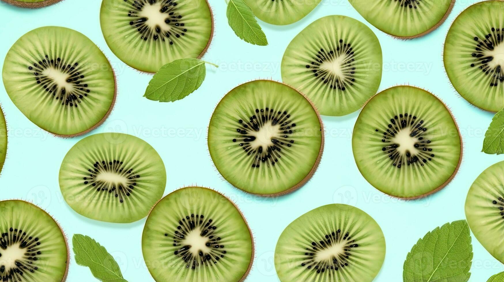 ai generiert Scheiben von Kiwi Obst und Grün Minze Blätter auf ein Licht Pastell- Blau Hintergrund. ai generiert foto