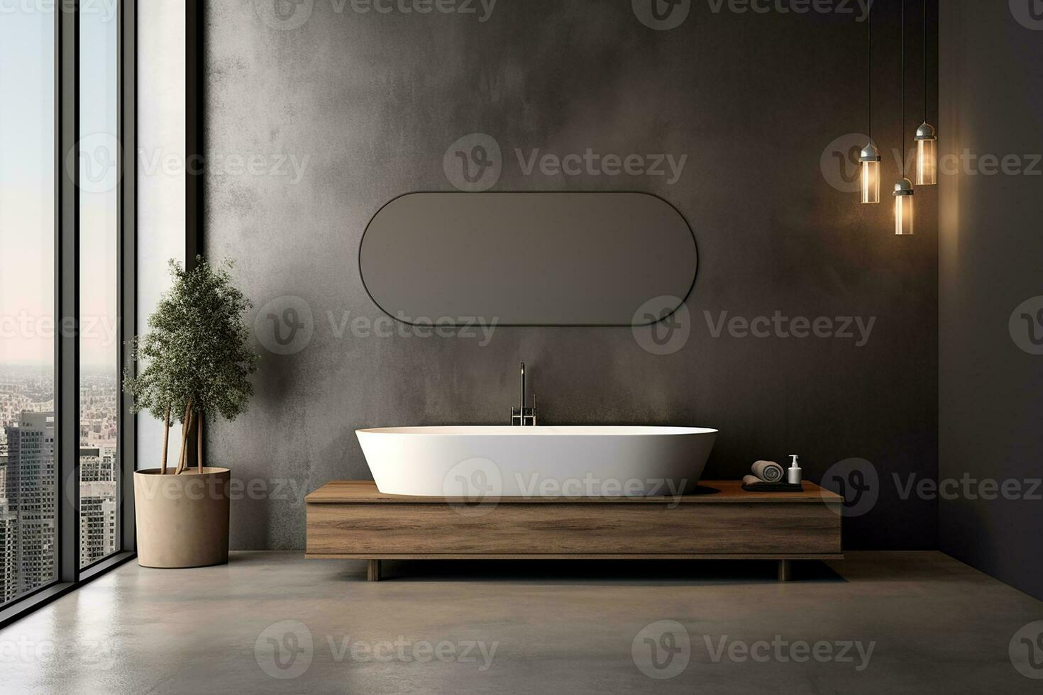 ai generiert 3d gerendert minimal Stil schwarz Thema modern Badezimmer Innere Design mit Badewanne foto