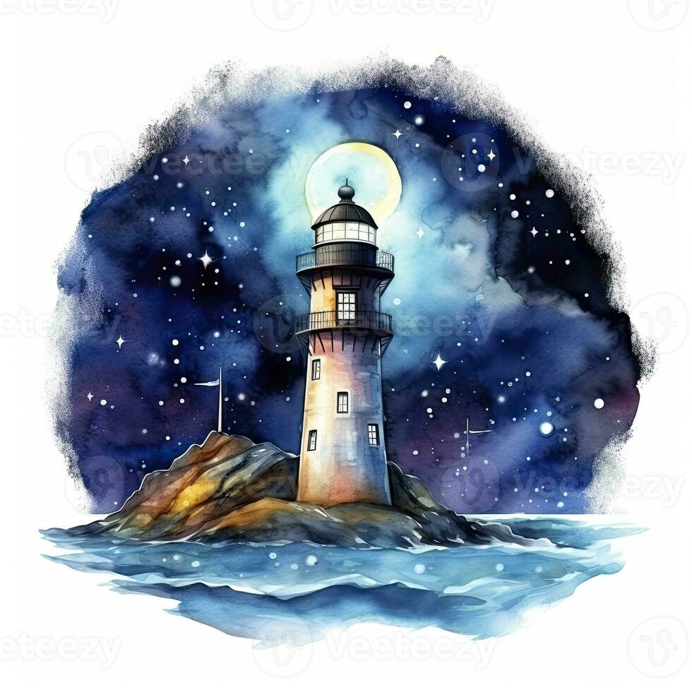 ai generiert Leuchtturm neben das Meer beim Nacht. Aquarell zum T-Shirt Design. ai generiert foto