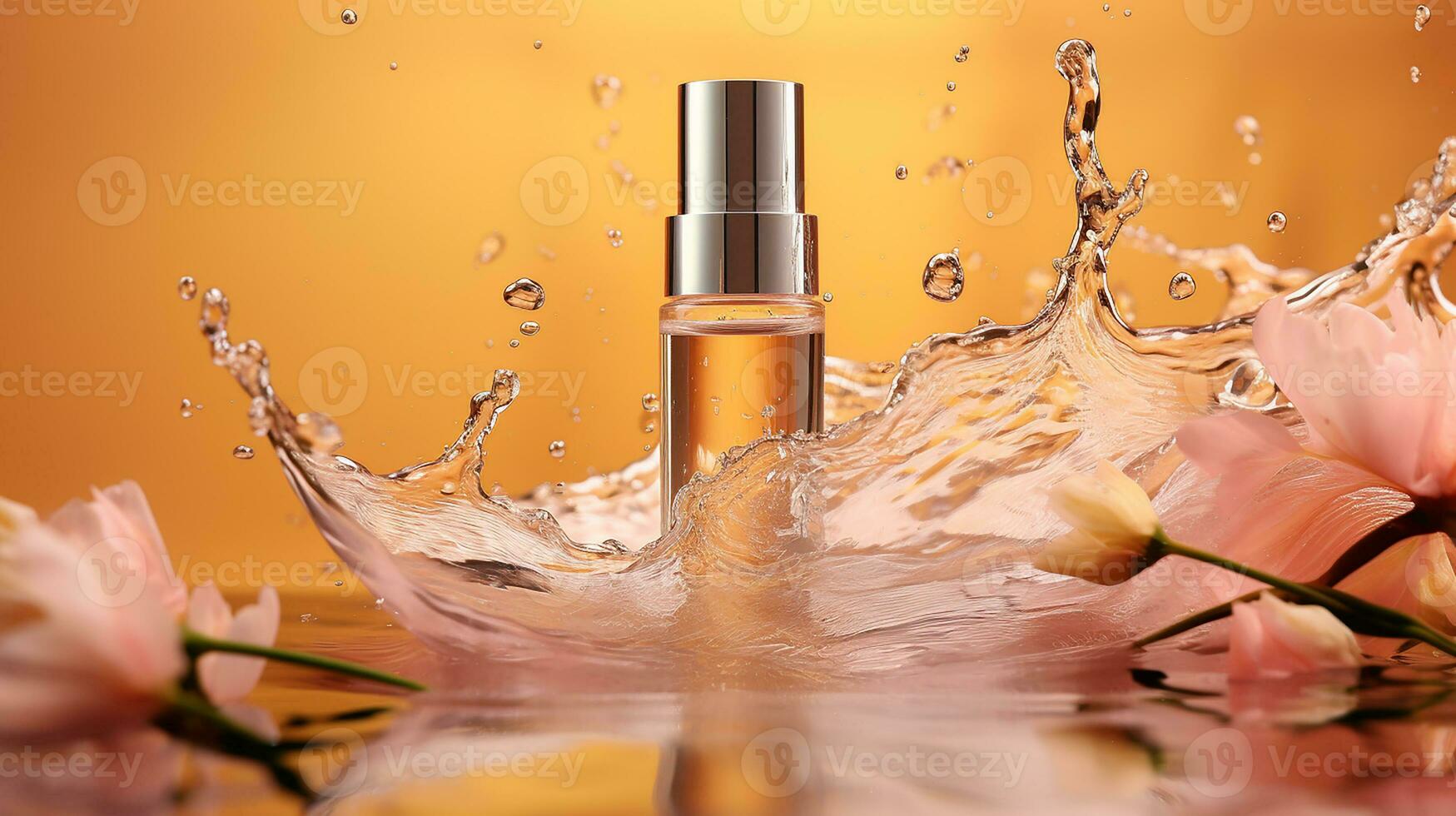 ai generiert kosmetisch Spa Hautpflege, Glas Serum Flasche mit Kollagen Spritzen auf Wasser Hintergrund mit Wellen. foto